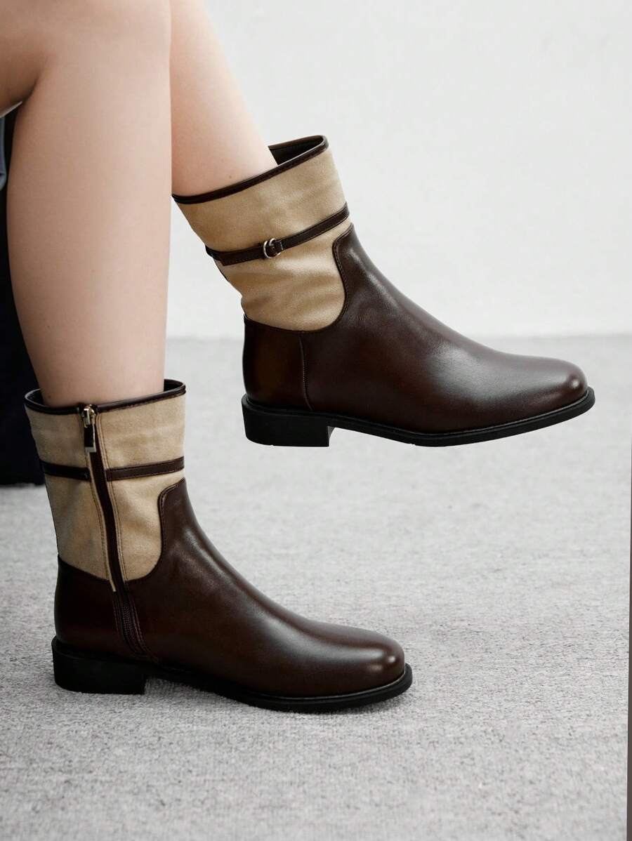CUCCOO BIZCHIC Botas femininas estilo britânico, fecho de zíper lateral, adequadas para uso diário, confortáveis e versáteis, bico redondo, salto baixo e grosso