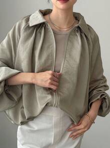 FRIFUL Women's Collared Solid Color Textured Fabric Pleated Cuff Zip Up Loose Casual Versatile Jacket, Business Casual, Autumn - Green - View 6