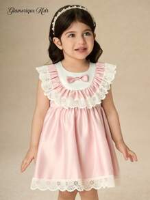 Glamorique Kids فستان بناتي من الساتان بألوان مختلطة مع تفاصيل من الدانتيل المكرمل، فستان حفلة بأسلوب كولدج مزين بعقدة الفيونكة للأطفال الرضع في عيد الميلاد