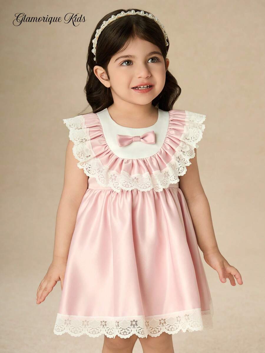 Glamorique Kids فستان بناتي من الساتان بألوان مختلطة مع تفاصيل من الدانتيل المكرمل، فستان حفلة بأسلوب كولدج مزين بعقدة الفيونكة للأطفال الرضع في عيد الميلاد