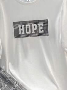 SHEIN Set de 2 piezas de top de manga corta y shorts casuales para adolescentes, estilo callejero punk rock y preppy, adecuado para uso diario, fiestas, festivales de música, primavera/verano, camiseta con estampado en inglés y shorts a cuadros
