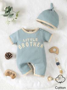 SHEIN 2pcs Newborn Baby Boy Summer Casual Cute Color Block Round Neck English Letter Print Short Sleeve Romper And Hat