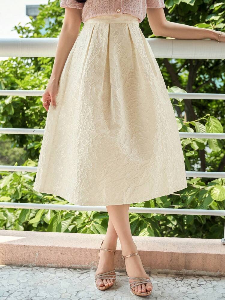 Elegant Textured Solid Color Pleat Detail Ladies Skirt, Spring/Summer