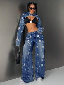 Jeanoix Women Distressed Denim Long Sleeve Cropped Jacket - Blue - View 4