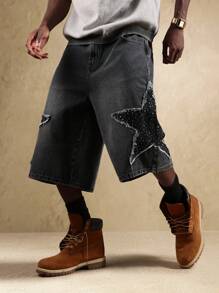 SUMWON Star Rhinestone Denim Jorts Loose Fit Wide Leg Knee Length Festival Street Style Fashion Urban Statement Pants - Black - View 5
