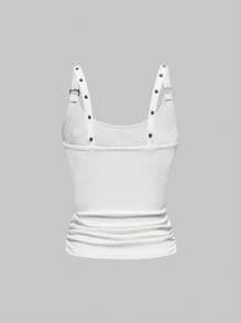 ROMWE Grunge Punk Women's Kpop Sexy Sleeveless Round Neck Backless Rivet Sequin Tie-Up Black Camisole Tank Top, Suitable For Summer Beach, Graduation, Easter, Concert, Nashville, Music Festival - White - View 2