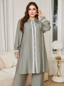 Lacomfia 2件套女士加大码撞色蕾丝长袖单排扣衬衫和裤子套装 - 綠色 - 查看 5