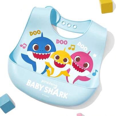 BABY SHARK X SHEIN 卡通鲨鱼图案硅胶婴儿围兜，防水防污，适合进食和喂食，柔软轻便，可调节尺寸，男女通用，男孩和女孩适用
