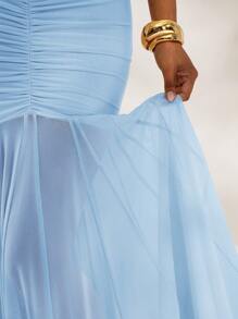 Opulessa 女士纯色针织与网眼露肩鱼尾下摆紧身连衣裙 - 藍色 - 查看 7