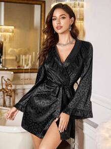 LuxeNights 浪漫蕾丝荷叶边豹纹缎面女士睡袍 - 黑色 - 查看 3