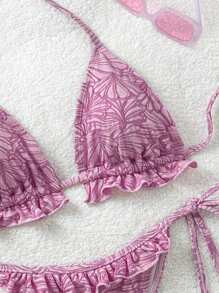 Soleia New Pink Textured Fabric Ruffle Trim Bikini Set, Vacation Style - Pink - View 3