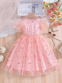 SHEIN Girls' Elegant Sweet Floral Embroidery Puff Sleeve Princess Dress, Long Dress Suitable For Performance, Evening Party, Birthday Party - Pink - View 1