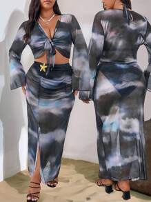 Firerie Plus Size Women's Elegant Vacation Beach French Vcay Tie-Dye Twist Knot Long Shirt + Camisole + Skirt + Leggings Set