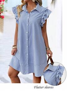 EMERY ROSE Robe à manches courtes, à boutons devant, à rayures, pour le printemps/été, pour grande taille, style décontracté