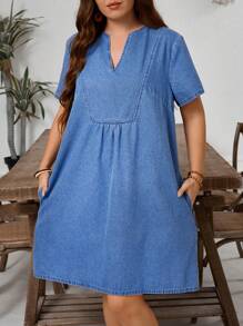 EMERY ROSE Plus Size Women's Autumn V-Neck Short Sleeve Casual Elegant Denim Dress Vacation Formal Light Blue - Blue - View 6