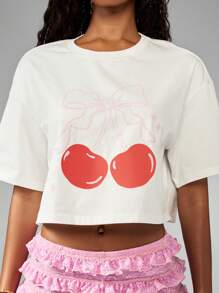 MISSGUIDED 樱桃印花短款上衣图案短袖休闲宽松夏季节日音乐会舞会日常穿着 T 恤 - 白色 - 查看 6
