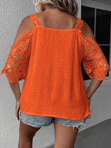 SHEIN Clasi Plus Size Women Contrast Lace Off Shoulder Loose Elegant Blouse - Orange - View 2