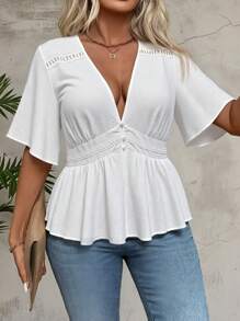 EMERY ROSE Blusa casual con parches florales para mujer talla grande con cinturilla y bajo acampanado, adelgazante y adecuada para uso diario y vacacional