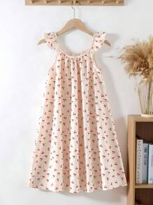 Camisón de niña estampado con cerezas dulces y lindas, de tela de gasa con estampado floral fresco de cerezas, diseño de tirantes con volantes + ropa de dormir holgada y cómoda - Albaricoque - Ver 1