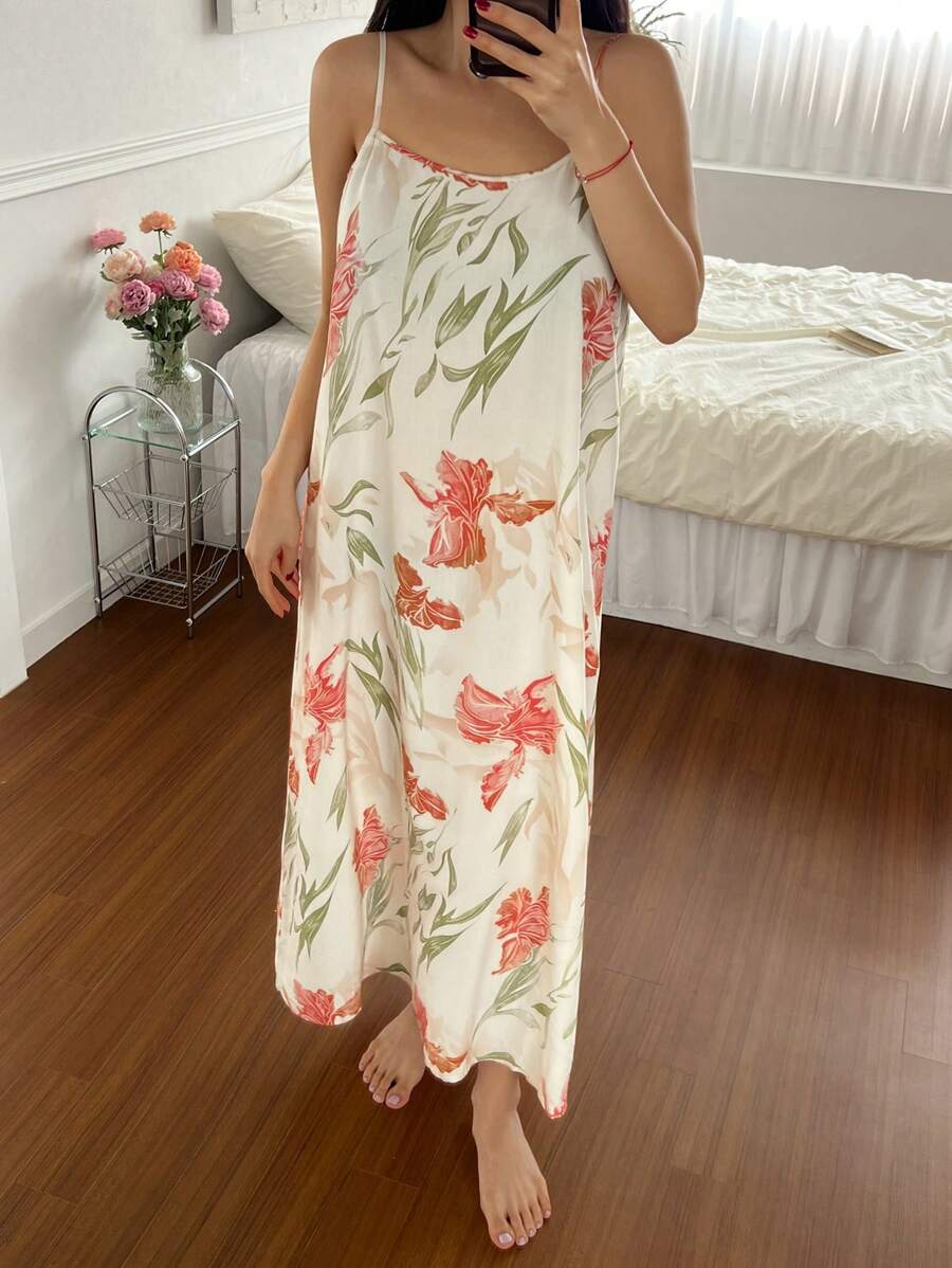 DAZY 度假风格花卉印花轻薄长款女士吊带裙睡衣