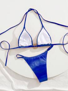 Swim SXY 夏季女士渐变色海滩度假蓝色比基尼套装配金色配饰 - 藍色 - 查看 7