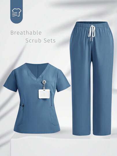 TaskEZ 女式加大码纯色短袖上衣和裤子/护理服