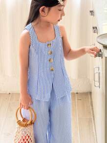 SHEIN Little Byeori 少女休闲条纹方领无袖上衣搭配直筒裤套装，时尚街头通勤装