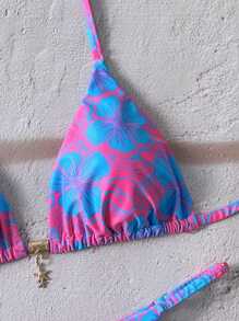 Swim Mod 2pcs/Set Women Random Floral Print Spaghetti Strap Sexy Bikini Swimsuit Set, Summer - Multicolor - View 4