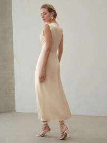 MOTF PREMIUM ELEGANT SOLID RUCHED WAIST SLIM FIT DRESS, SUITABLE FOR DATES AND EVERYDAY WEAR - Champagne - View 3