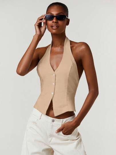 Athîral 女式性感纯色前扣露背吊带上衣，夏季