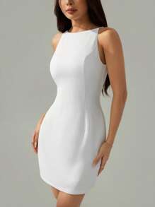 SHEIN PETITE Váy ngắn không tay màu trơn thanh lịch cho nữ, váy trang trọng, váy cưới, váy tốt nghiệp màu trắng, trang phục công sở giản dị cho nữ - trắng - Xem 3
