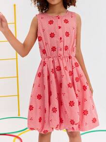 SHEIN Tween Girl Solid Color Round Neck Sleeveless Plaid & Floral Print Casual Dress - Red - View 3