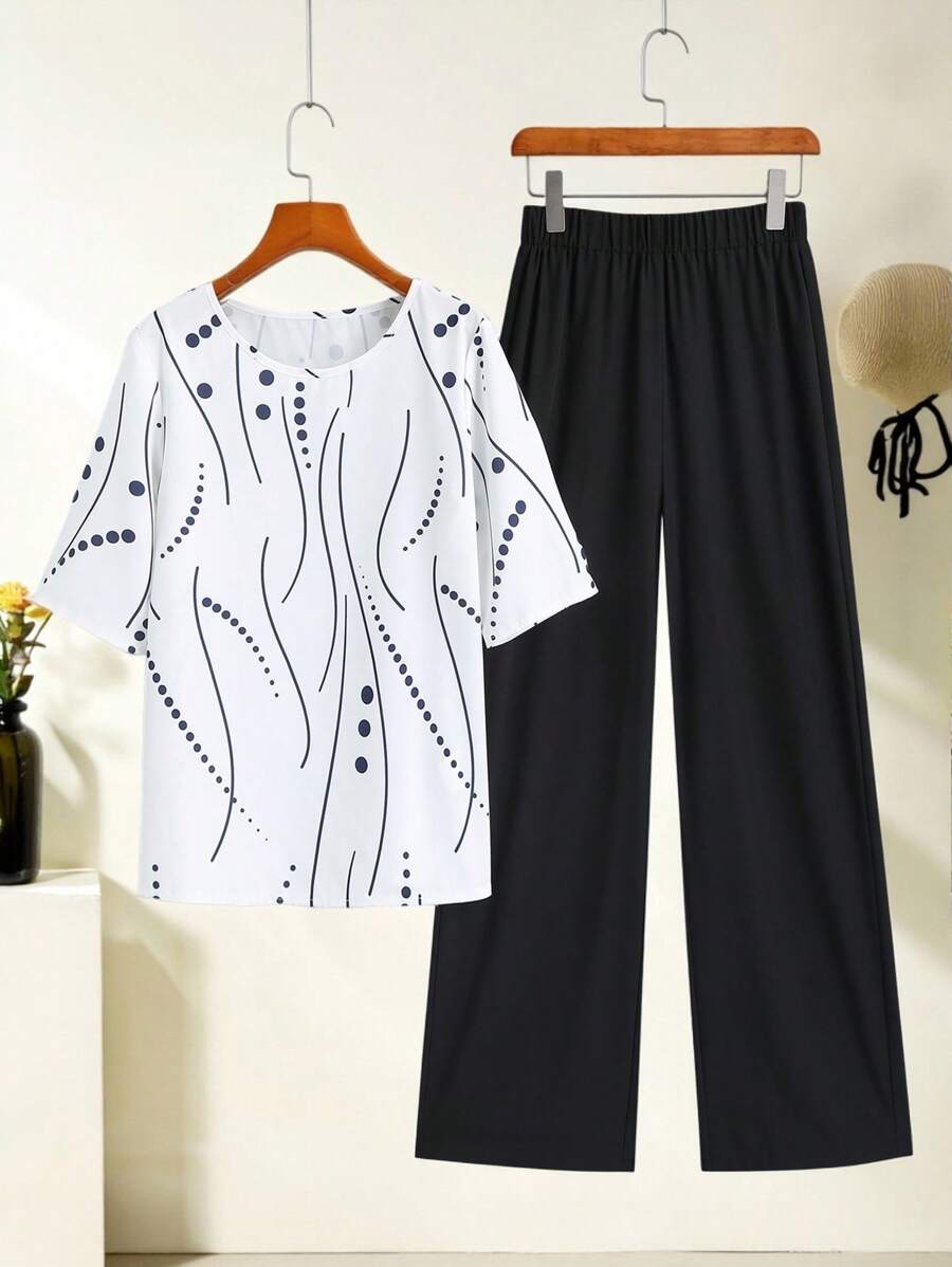 EMERY ROSE 2件套女士夏季波点印花短袖衬衫和裤子套装 - 黑與白 - 查看 1