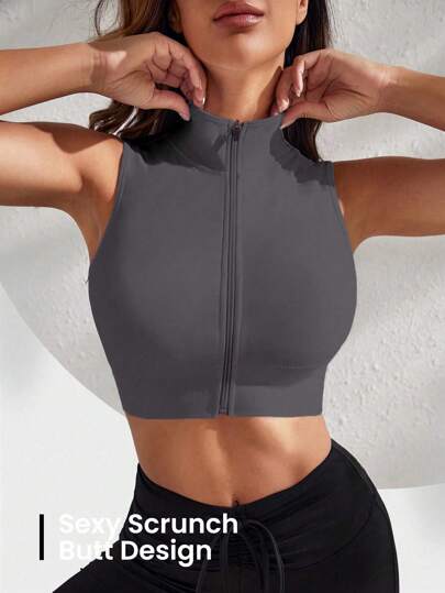 Easithlete 女士高弹力无缝前拉链运动短款背心