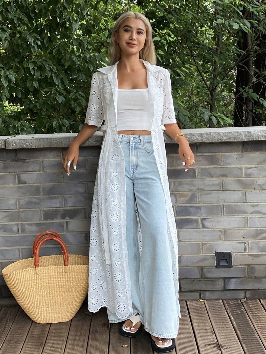 Livesso Copri-costume da donna in kimono lungo, con stampe e ricami, a maniche corte, per vacanza - Bianco - Visualizzare 1