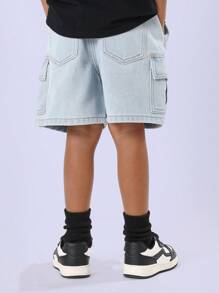 SUMWON Pantaloncini cargo di jeans a tinta unita per ragazzi con vita elastica, casual, estivi, per attività all'aperto e gioco, regolabili con laccetto, moda per bambini - celeste - Visualizzare 2