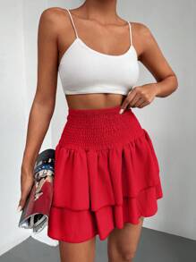 EURMUSE Women's Solid Color Ruffle Hem Fashionable Mini Skirt For Holiday - Red - View 6