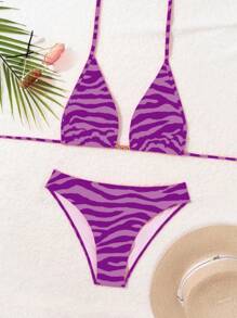SHEIN Swim 2件組斑馬紋V領比基尼泳衣套裝，適合夏季海灘度假 - 彩色 - 查看 8