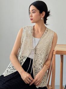 FRIFUL 女士 V 领镂空无袖钩针开衫，女士海滩度假 - 杏色 - 查看 6