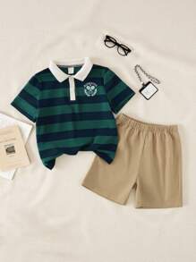 Casuvi Kids 2pcs Toddler Boys' Striped Polo Shirt & Khaki Casual Shorts Set, Loose Fit Casual Outfit For Summer 2025 Back To School Season, Kids' School & Sports Wear