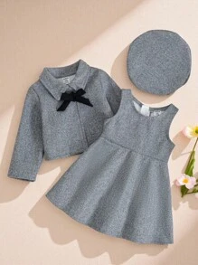 Souflis Souflis 3pcs/Set Baby Girls Autumn/Winter Classic Elegant Wool Blend Short Cardigan, Sleeveless Dress And Beret Hat Outfit, Soft And Comfortable Fabric, Suitable For Outings - Grey - View 1
