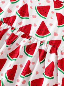 女婴夏季新款两件套连衣裙：红色蝴蝶结荷叶边纯色连衣裙+白色西瓜印花连衣裙，高腰泡泡袖连衣裙甜美公主裙休闲外出派对连衣裙，1-3岁可爱水果图案荷叶边设计，清新夏日度假写真拍摄装 - 紅色 - 查看 7