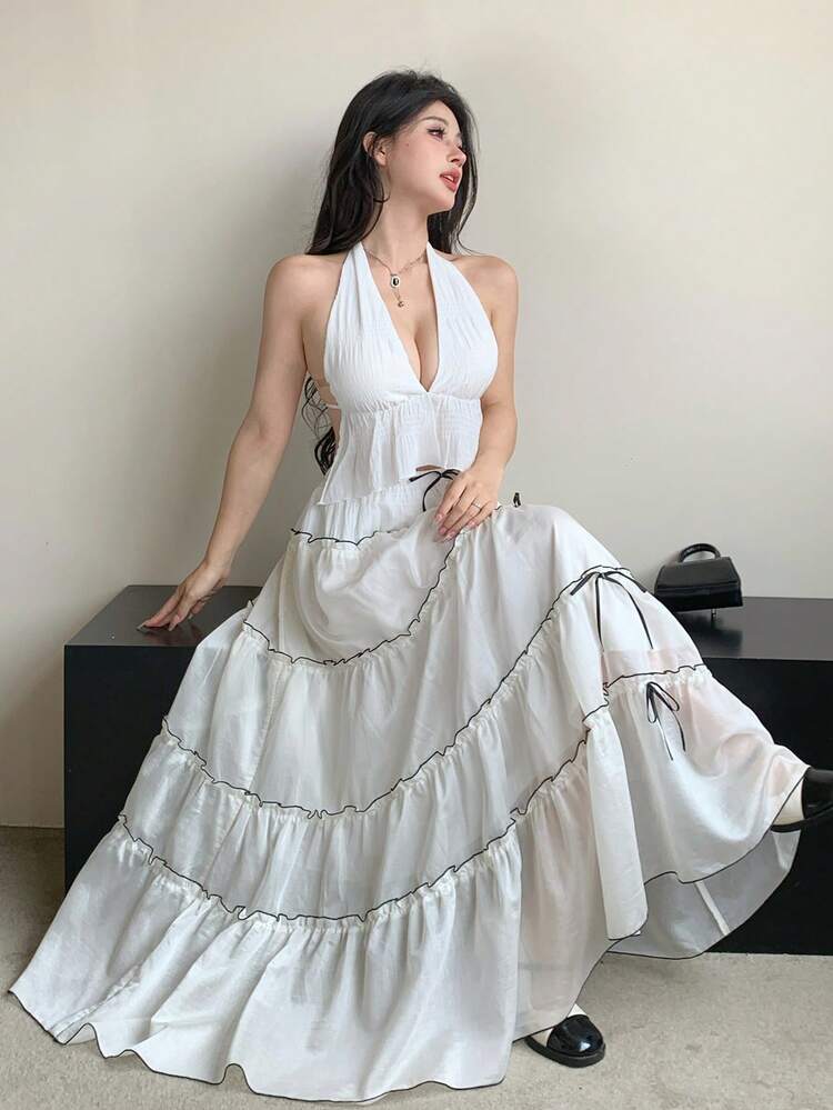 Vacation Outfit Design Chiffon Pleat V-Neck Halter Backless Top & Skirt Set For Women,Women Two Pieces Sets Cruise Outfit For Women