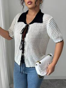 Chiquease French Minimalist Casual Short Sleeve Knitted Cardigan With Polo Collar For Women - Black and White - View 6