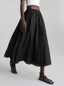 Ontre 2025年女士夏秋冬服装，2026年春夏女装，女士纯色弹力腰A字裙，拼接喇叭裙摆，黑色轻薄款，简约都市风，缤纷夏日风，海岛度假，都市休闲，派对，黑色半身裙，优雅商务休闲，2026年春夏女装，感恩节，圣诞节，时尚百搭女裙 - 黑色 - 查看 1