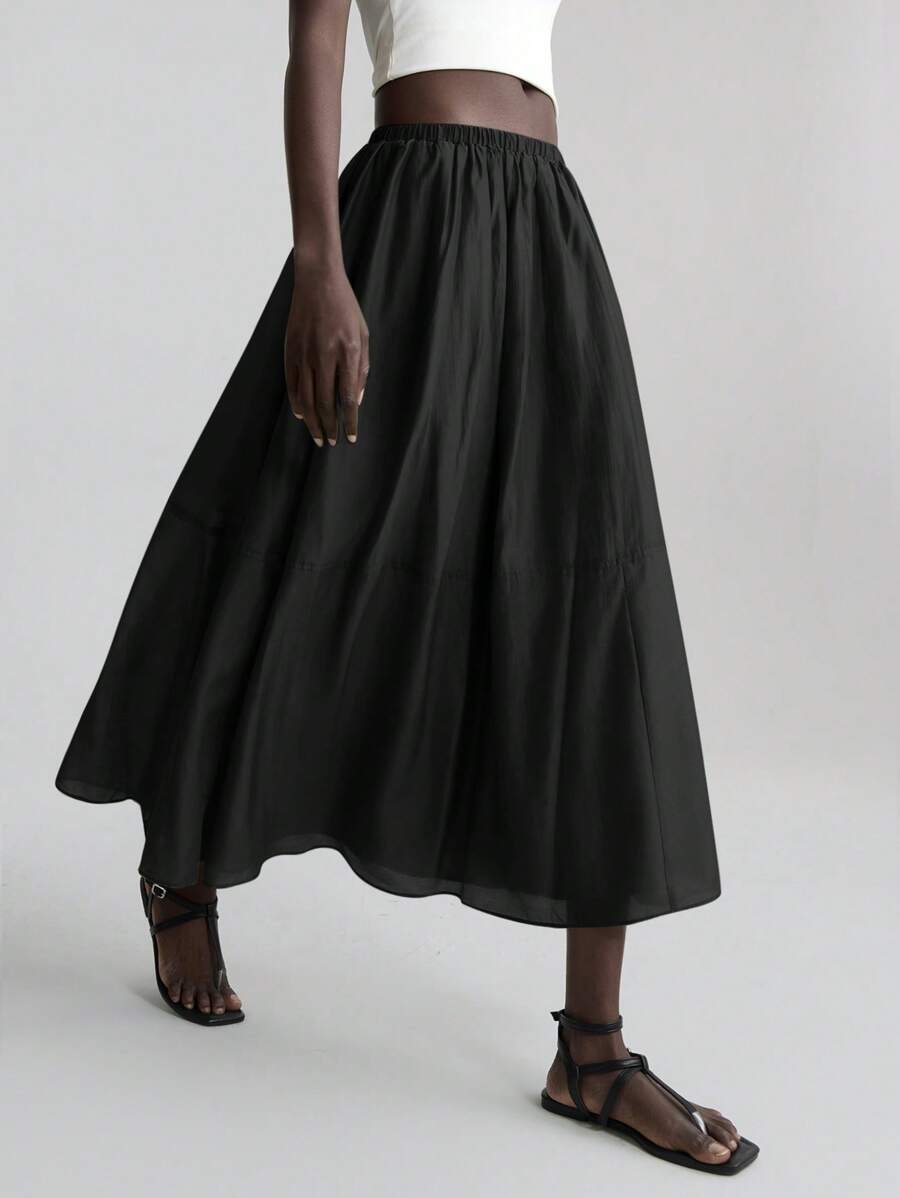 Ontre 2025年女士夏秋冬服装，2026年春夏女装，女士纯色弹力腰A字裙，拼接喇叭裙摆，黑色轻薄款，简约都市风，缤纷夏日风，海岛度假，都市休闲，派对，黑色半身裙，优雅商务休闲，2026年春夏女装，感恩节，圣诞节，时尚百搭女裙 - 黑色 - 查看 1