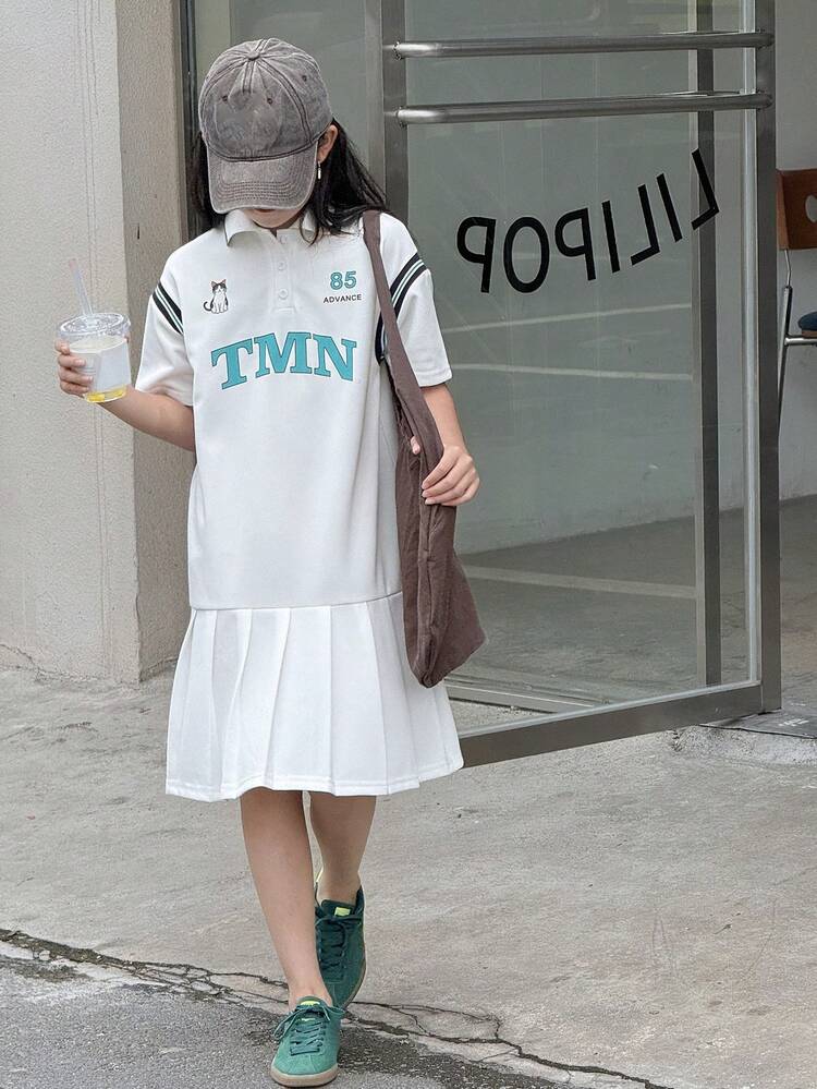 Tween Girl Turn Down Collar Floral Print Short Sleeve Knit Dress, Girls Summer Outfits, Back To School Clothes