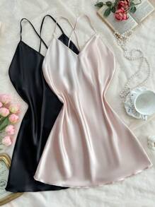 2pcs Set Solid Color Cross Strap Satin Ladies Nightgown, Dual-Color