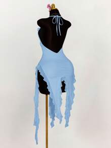 Amplova 深 V 领荷叶边不对称下摆紧身连衣裙 - 淺藍色 - 查看 4