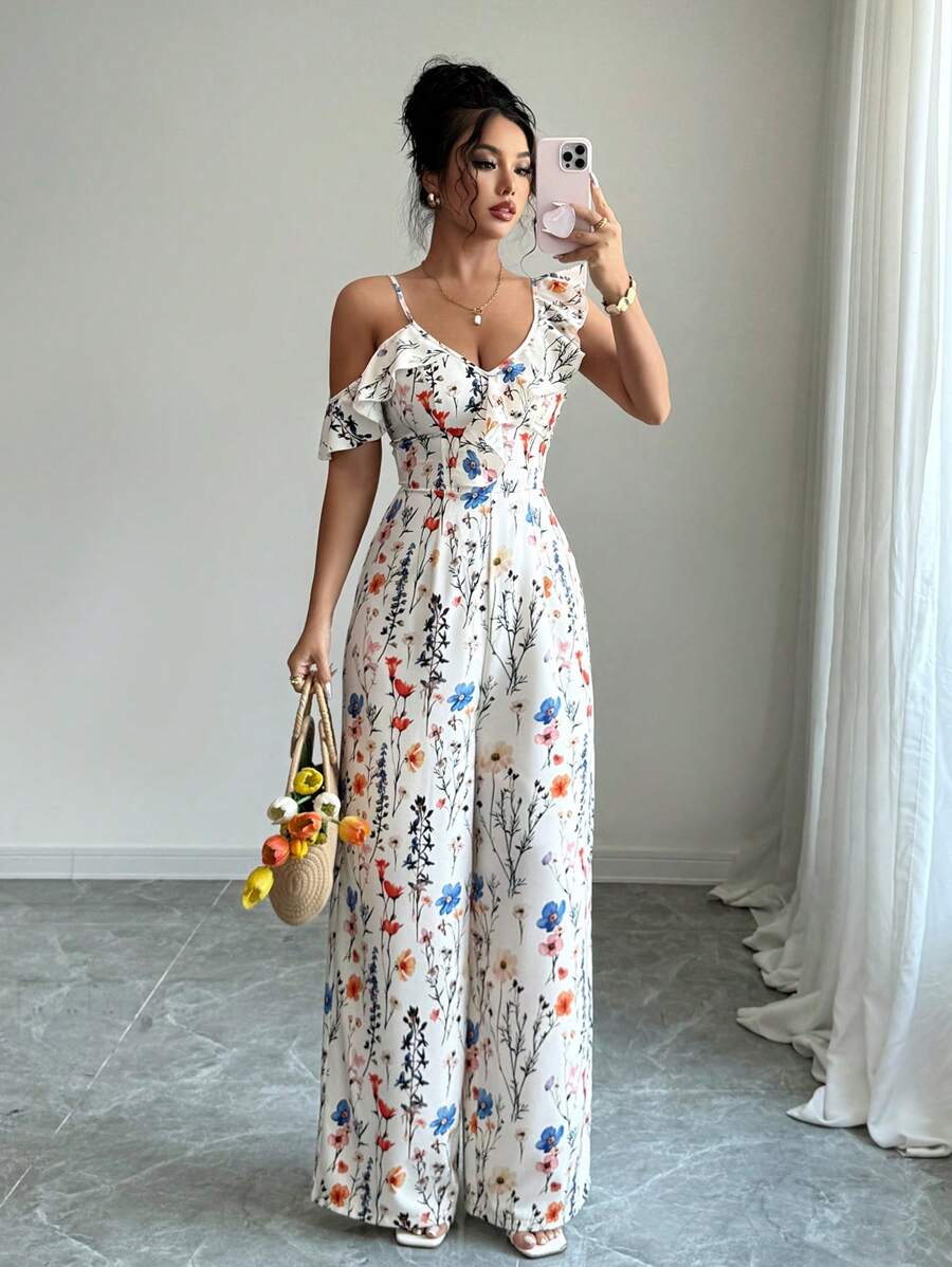 INAWLY Women's Elegant Asymmetrical Ruffle Collar Vacation Wide Leg Printed Jumpsuit